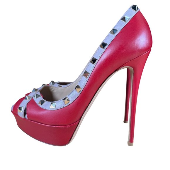 Valentino Garavani Rockstud Red Platform Peep Toe Heels Pumps Size 39 - Picture 4 of 11